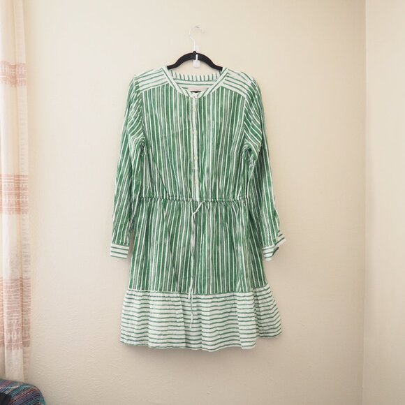 * LOFT Green Striped Tab Sleeve Button Flounce Dress sz L - Picture 2 of 6